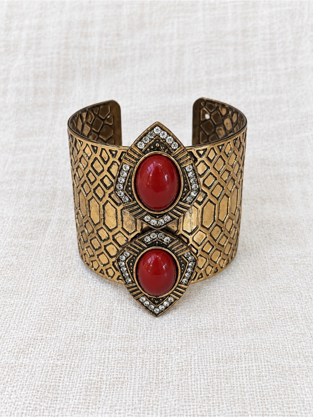 Vintage Style Gold Tone Red Cabochon Rhinestone Wide Statement Cuff Bracelet